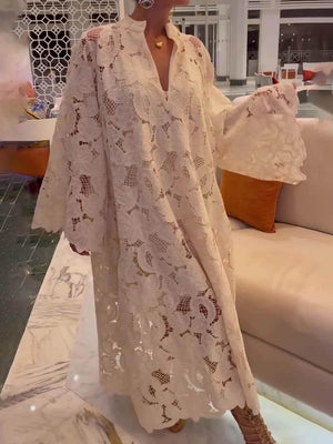 Aurohaya Casual White Long Sleeve Lace V-Neck Dress White