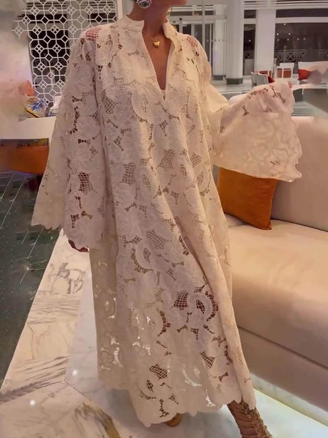 Aurohaya Casual White Long Sleeve Lace V-Neck Dress White