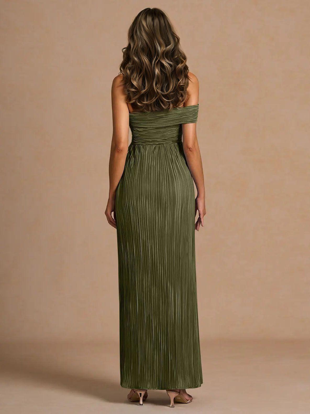Aurohaya Elegant Off-The-Shoulder Pleated Slit Maxi Dress