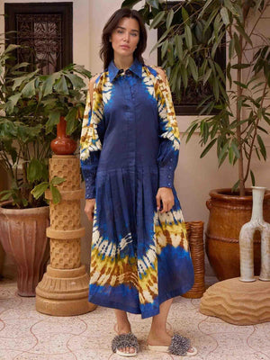 Aurohaya Casual Tie-dye Print Shirt Maxi Dress Blue