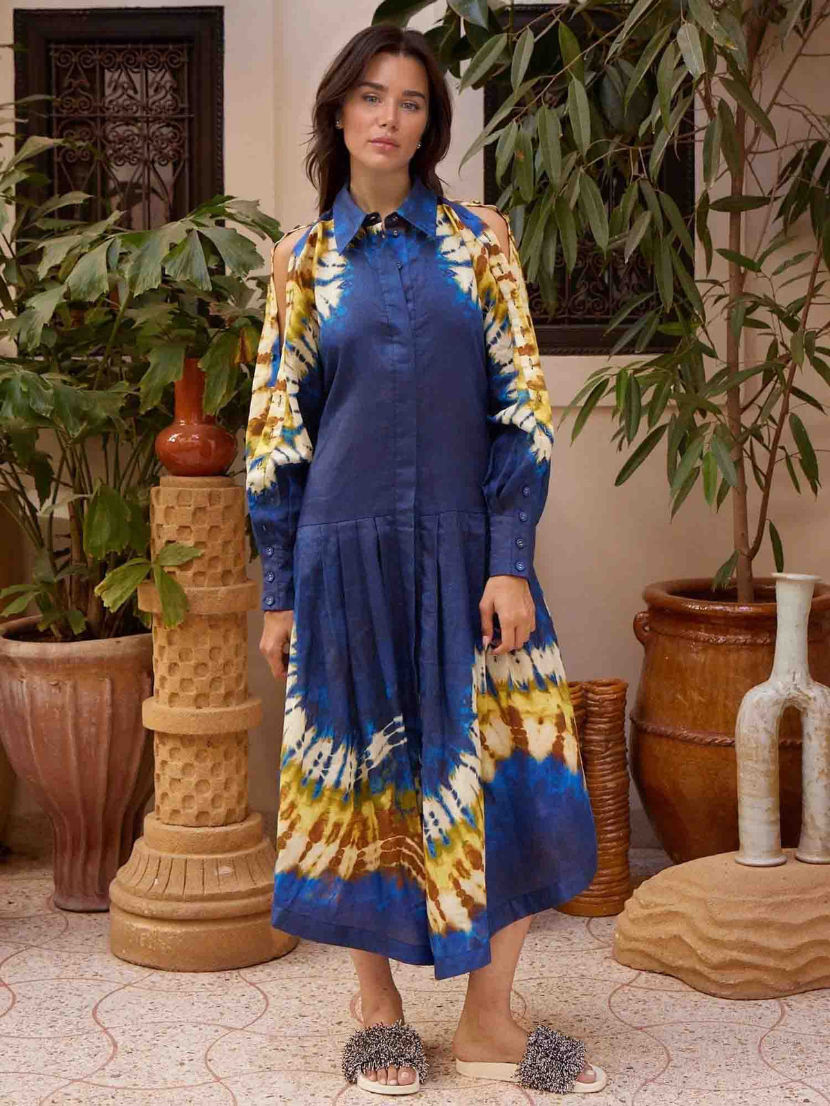 Casual Tie-dye Print Shirt Maxi Dress