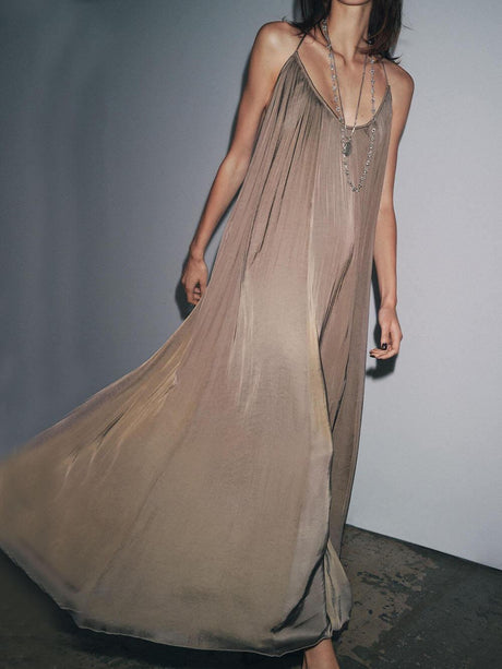 Aurohaya Elegant Pleated V-Neck Halter Maxi Dress