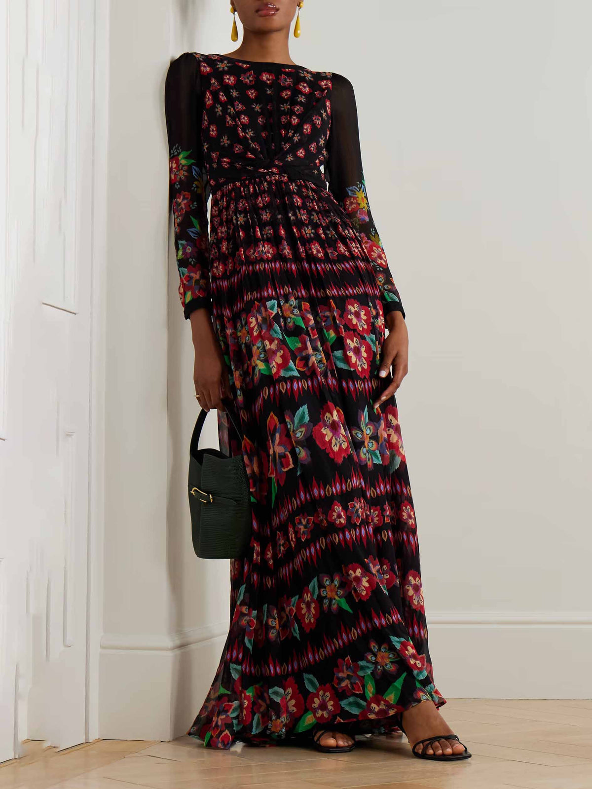 Exquisite Floral Print Pleated Maxi Dress