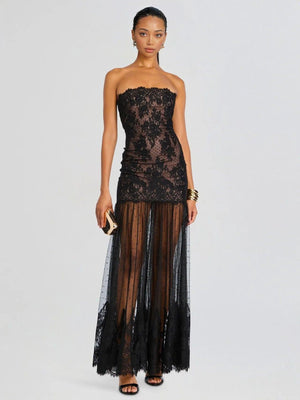Aurohaya Sexy Strapless Lace Maxi Dress Black