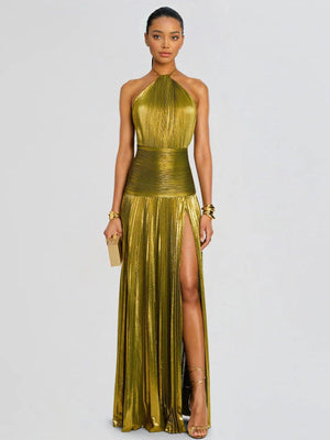 Aurohaya Elegant Metallic Pleated Halter Neck Maxi Dress Gold