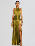 Elegant Metallic Pleated Halter Neck Maxi Dress