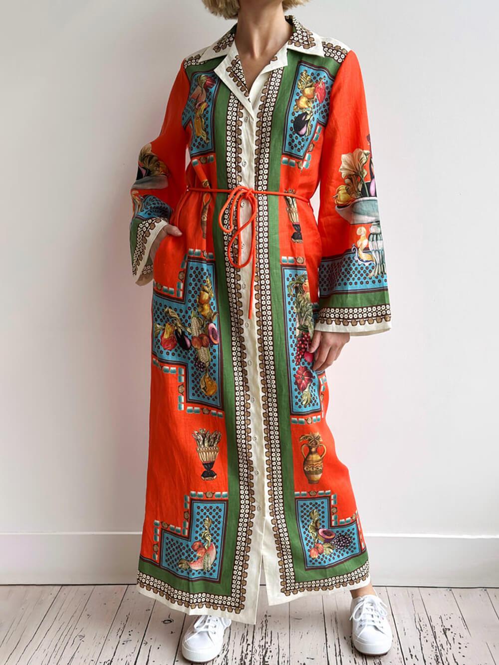 Aurohaya Classic Modern Unique Print Patchwork Loose Belted Shirt Silhouette Maxi Dress