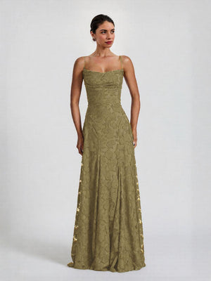 Aurohaya Elegant Floral Lace Spaghetti Strap Maxi Dress Green