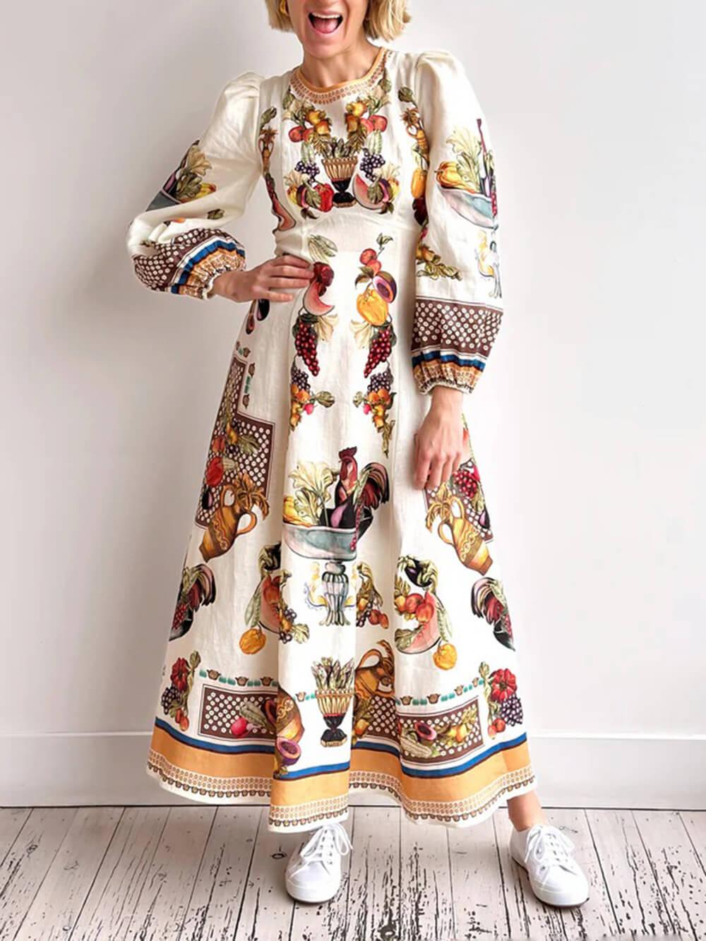 Aurohaya Casual Island Bloom Tropical Fruit Patchwork A-Line Maxi Dress Multicolor