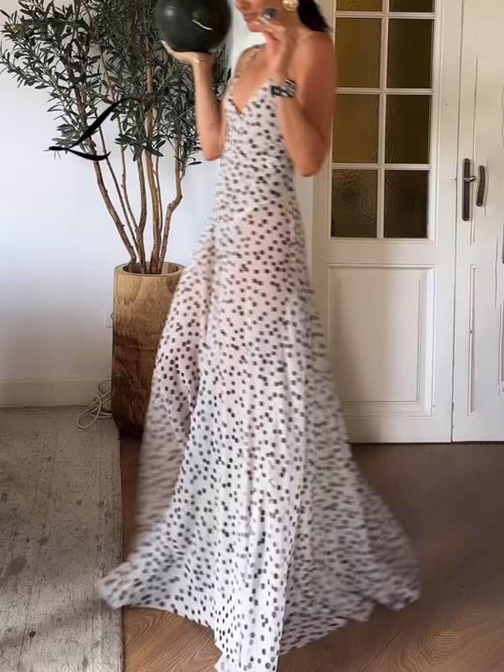 Aurohaya Elegant Polka Dot Print V-Neck Spaghetti Strap Flounce Hem Maxi Dress