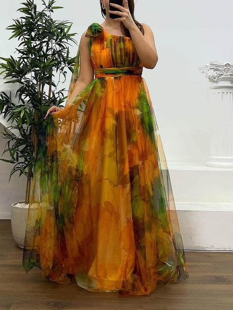Aurohaya Elegant Printed One-Shoulder Chiffon Plus Size Tulle Evening Dress
