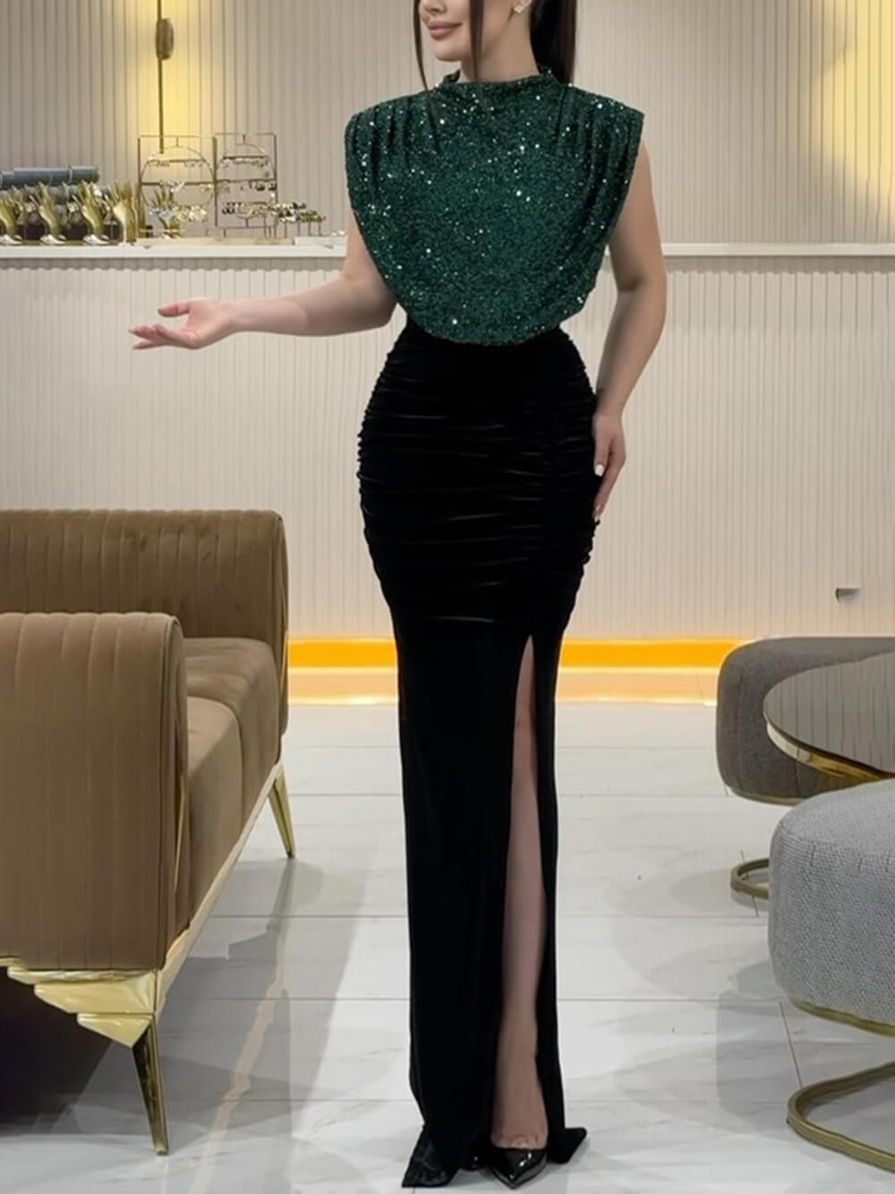 Aurohaya Sequin Panel Sleeveless Party Slit Dress