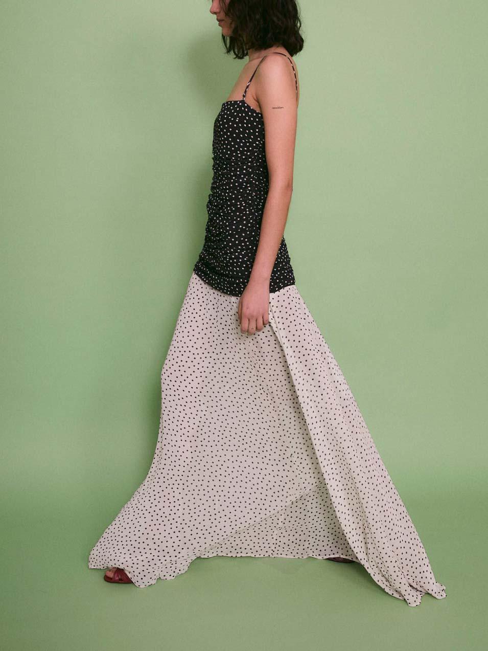 Aurohaya Elegant Contrast Polka Print Chiffon Flowy Maxi Dress