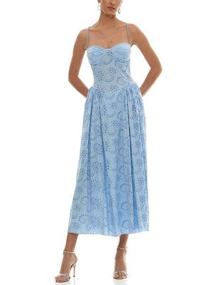 Aurohaya Romantic Embroidered Sweetheart Neck Spaghetti Strap Maxi Dress Blue