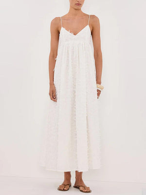 Aurohaya Elegant V-neck Exquisite Small Tassel Midi Dress White