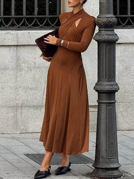 Aurohaya Fashionable Cut-Out Fitted Solid Long-Sleeve Maxi Dress Brown