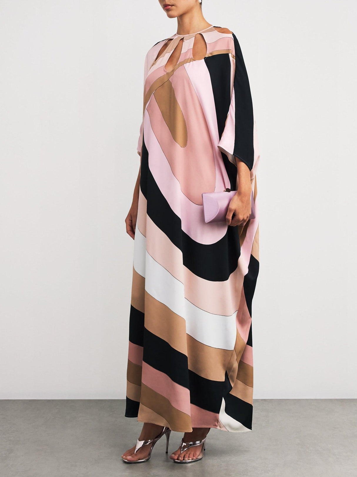Aurohaya Exquisite Satin Irregular Stripe Print Maxi Dress Multi