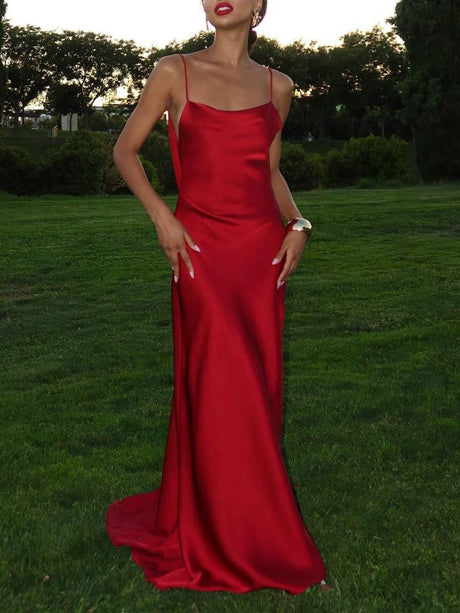 Aurohaya Sexy Backless Satin Side-Slit Maxi Dress Red