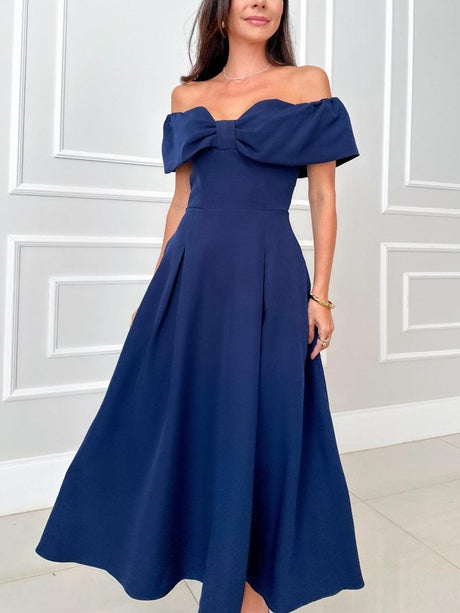 Aurohaya Elegant One-shoulder Bow Tie A-line Midi Dress Dark Blue