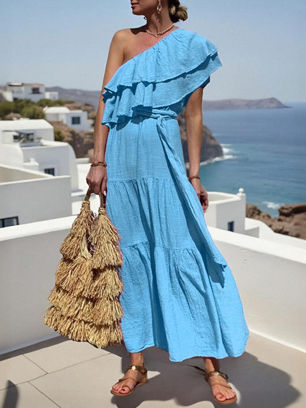 Aurohaya Romantic One-Shoulder Ruffle Tie-Waist Midi Dress Sky Blue