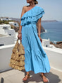 Aurohaya Romantic One-Shoulder Ruffle Tie-Waist Midi Dress Sky Blue