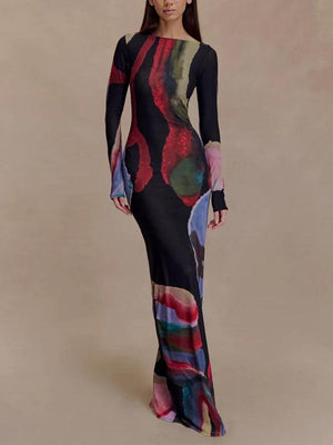 Aurohaya Exquisite Abstract Print Bodycon Long-sleeved Maxi Dress Black