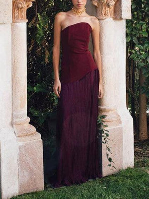 Aurohaya Elegant Strapless Pleated Maxi Dress