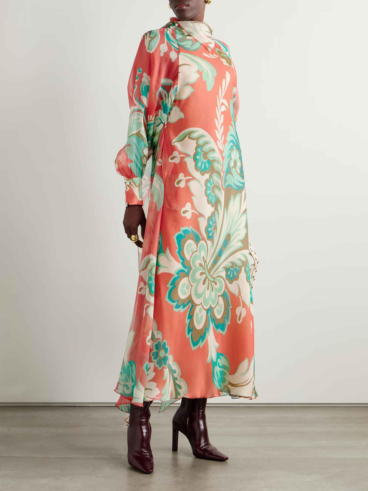 Aurohaya Unique Draped Floral-print Chiffon Maxi Dress Orange