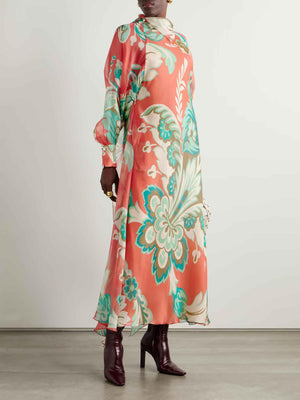 Aurohaya Unique Draped Floral-print Chiffon Maxi Dress Orange
