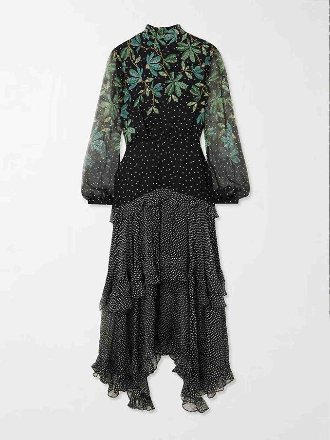 Aurohaya Exquisite Polka Dot Floral Print Ruffled Midi Dress