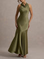 Aurohaya Elegant Satin Cowl Neck Sleeveless Mermaid Maxi Dress Green