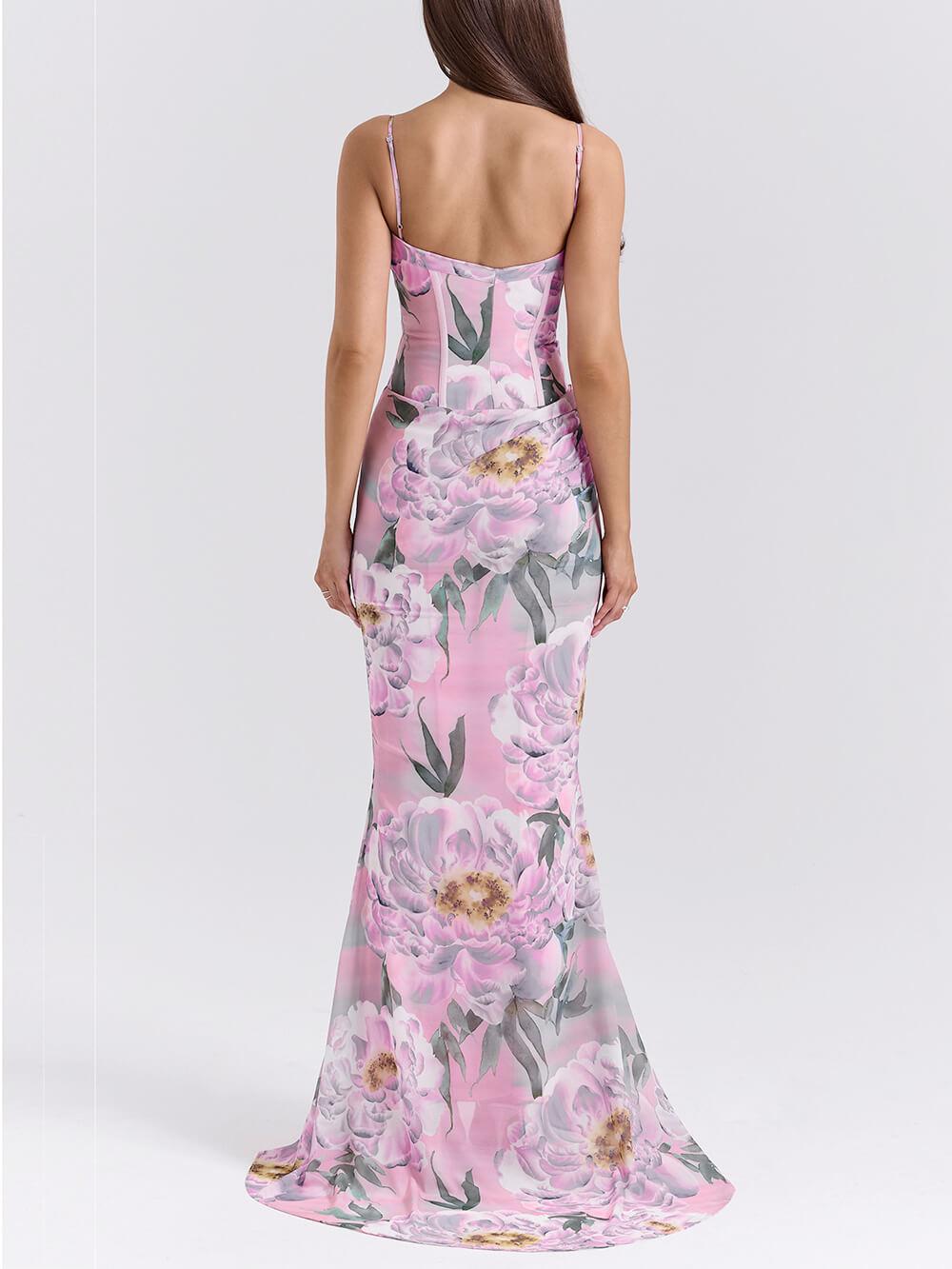 Aurohaya Retro Pink Floral Print Corset Maxi Dress