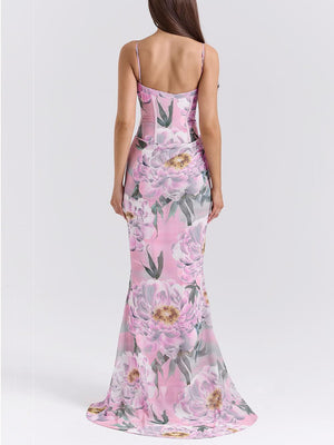 Aurohaya Retro Pink Floral Print Corset Maxi Dress
