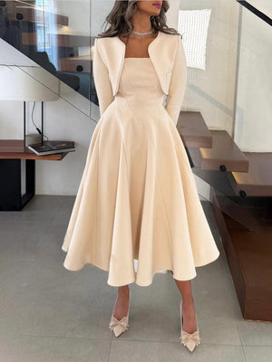 Aurohaya Elegant Long-sleeved Cropped Blazer And Midi Dress Set Apricot