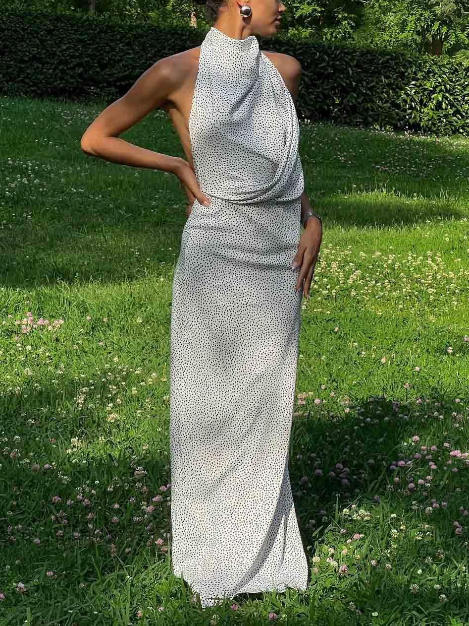 Aurohaya Elegant Halterneck Black Polka Dot White Maxi Dress White