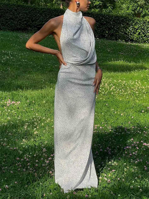 Aurohaya Elegant Halterneck Black Polka Dot White Maxi Dress White