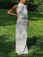 Aurohaya Elegant Halterneck Black Polka Dot White Maxi Dress White