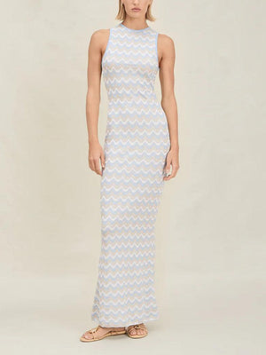 Aurohaya Exquisite Asymmetric Open Back Knitted Maxi Dress Blue