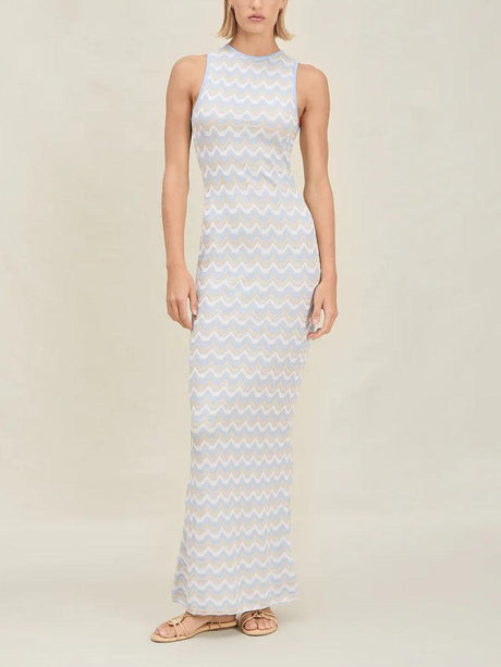 Aurohaya Exquisite Asymmetric Open Back Knitted Maxi Dress Blue