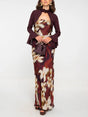Aurohaya Elegant Chiffon Shirt Vintage Floral Print Long Dress Set Brown