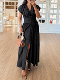 Exquisite V-neck Waist Pleated Shirt-style Maxi Dress