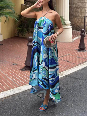 Aurohaya Elegant Halterneck Abstract Floral Print Midi Dress