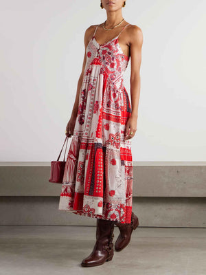 Aurohaya Casual Ethnic Bohemian Print Suspender Maxi Dress Red