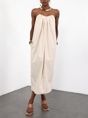 Aurohaya Elegant Beige Pleated Sweetheart Neck Maxi Dress Apricot