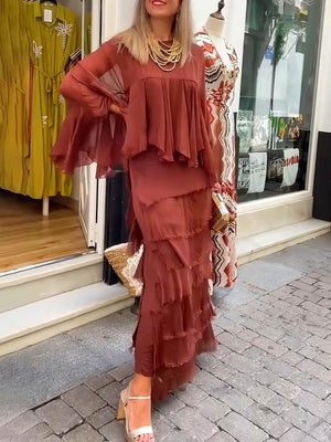 Aurohaya Elegant Layered Asymmetrical Ruffled Cape Maxi Dress
