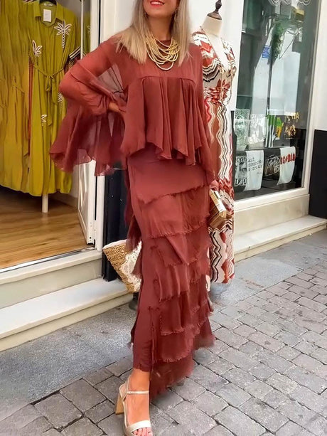 Aurohaya Elegant Layered Asymmetrical Ruffled Cape Maxi Dress