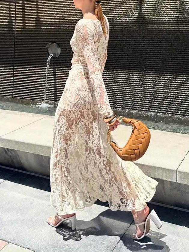 Aurohaya Exquisite Lace Square-neck Long-sleeved Maxi Dress