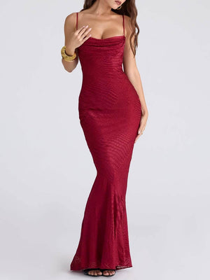 Aurohaya Elegant Low-Neck Burnout Satin Party Maxi Dress