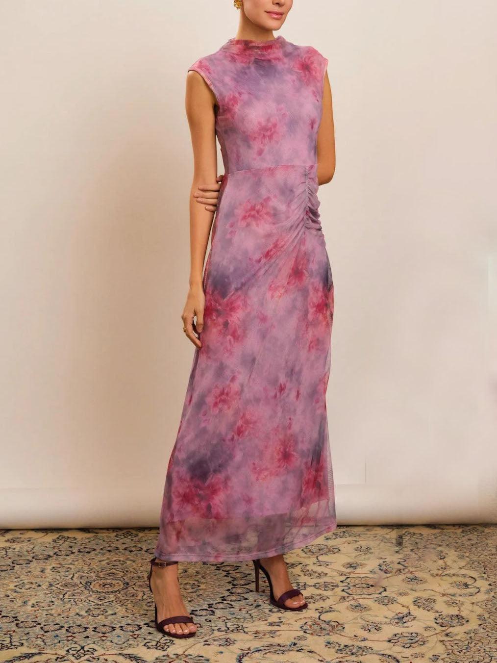 Aurohaya Retro Gradient Floral Mesh Print Slim Maxi Dress