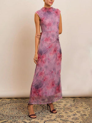 Aurohaya Retro Gradient Floral Mesh Print Slim Maxi Dress